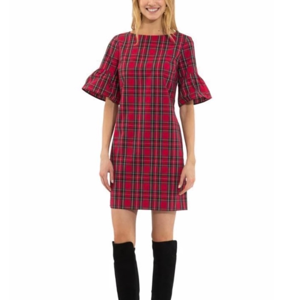 Sail To Sable STS Red Plaid Multi Shirting Ruffle Sleeve Dress